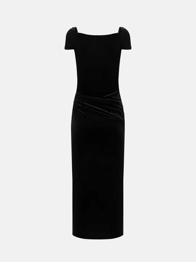 Fitted satin midi dress with curved neckline