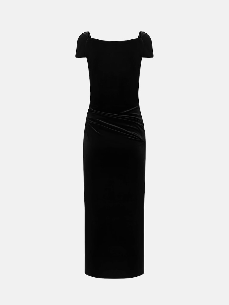 Fitted satin midi dress with curved neckline