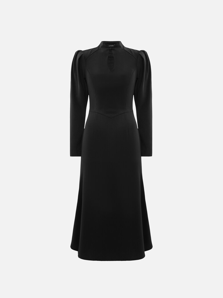 Fitted midi dress with a teardrop neckline and long sleeves