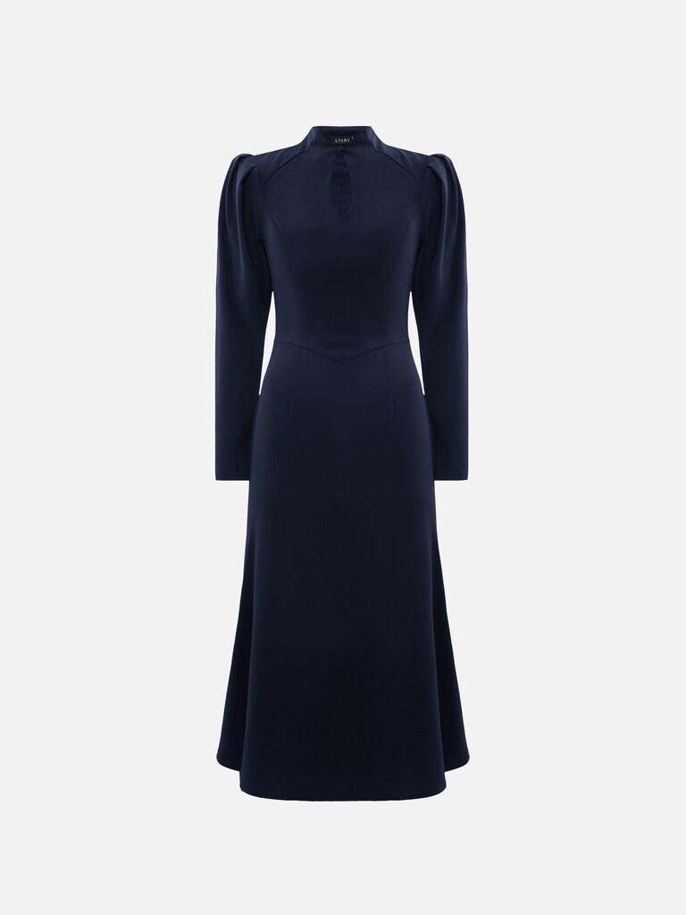 Fitted midi dress with a teardrop neckline and long sleeves