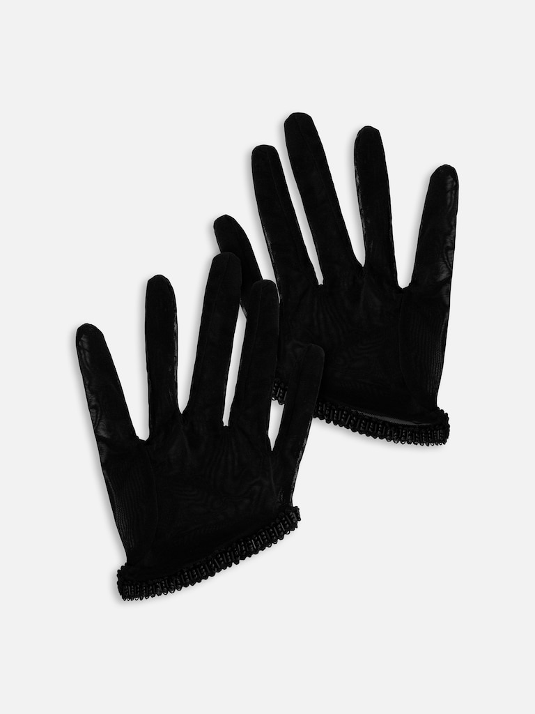 Gants courts en tissu brillant avec décoration perlée