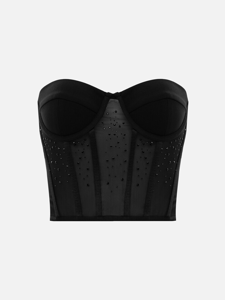 Semi-transparent corset with rhinestones