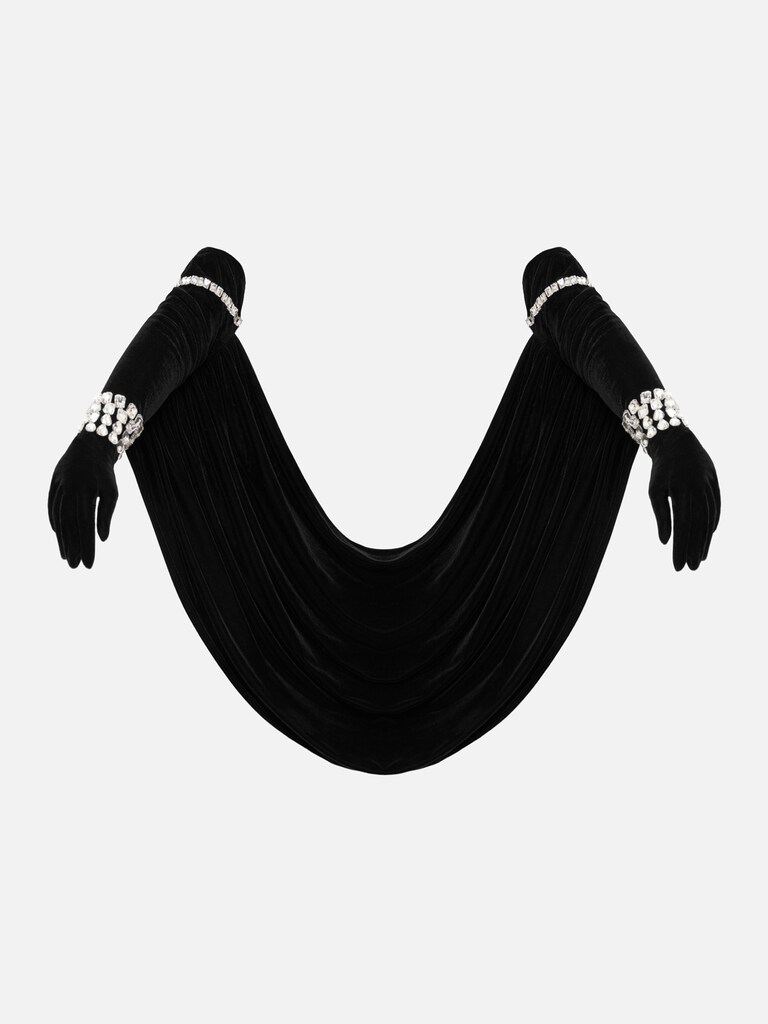 Velvet gloves with crystal decor and drapery