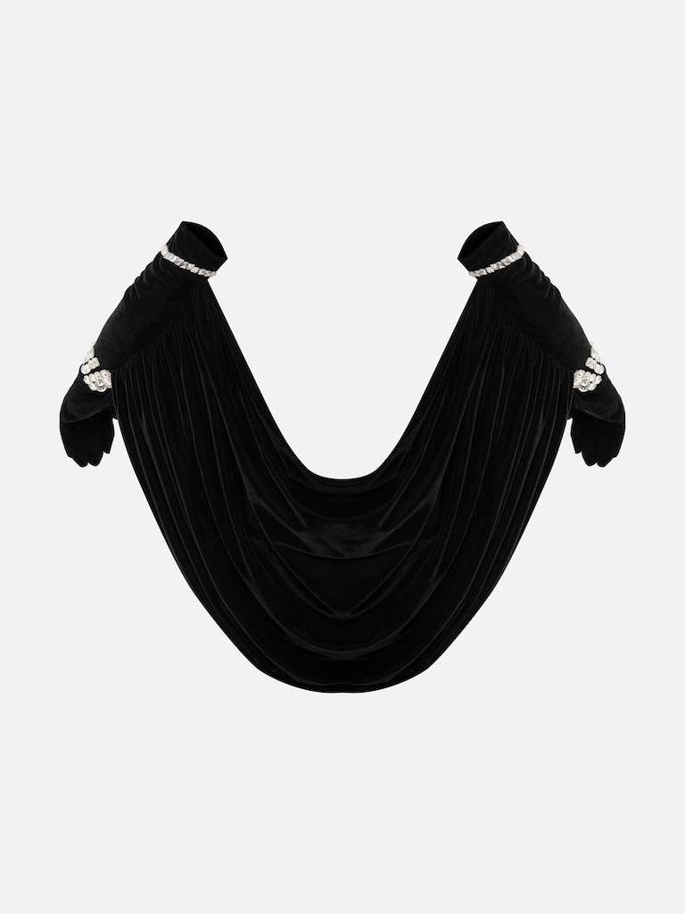 Velvet gloves with crystal decor and drapery