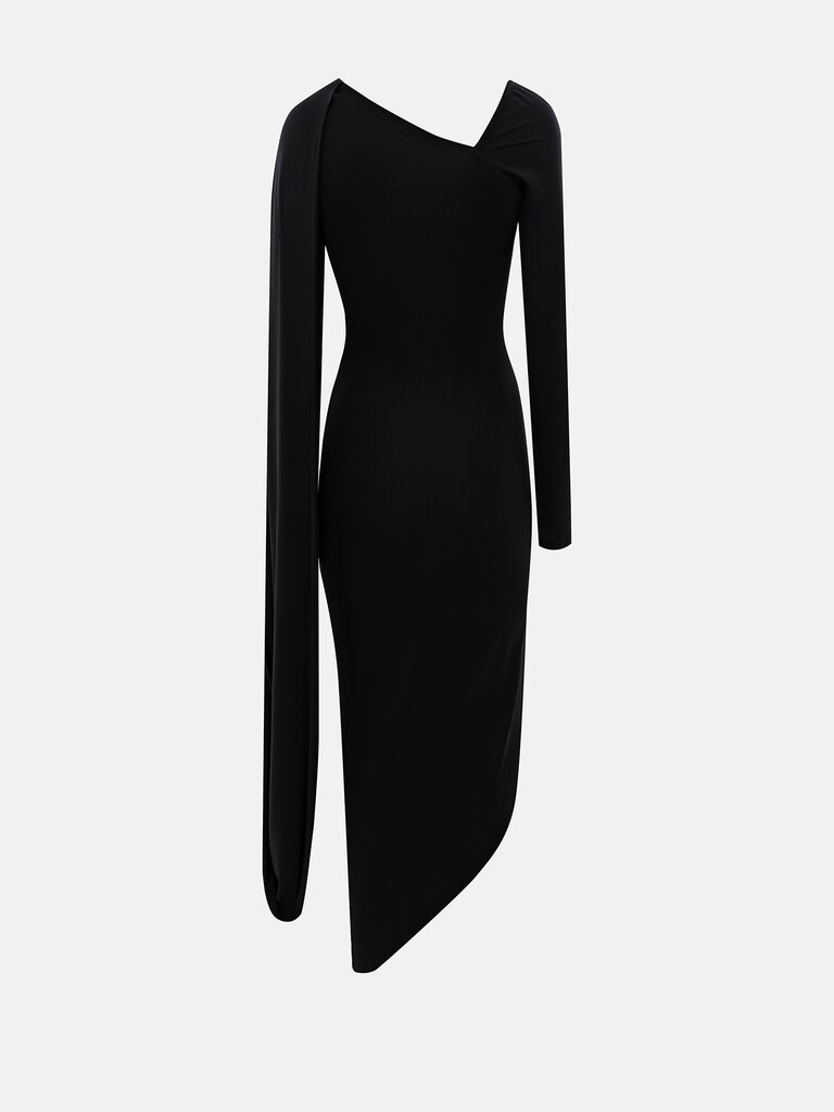 Платье миди со шлейфом на одно плечо и браслетом из кристаллов