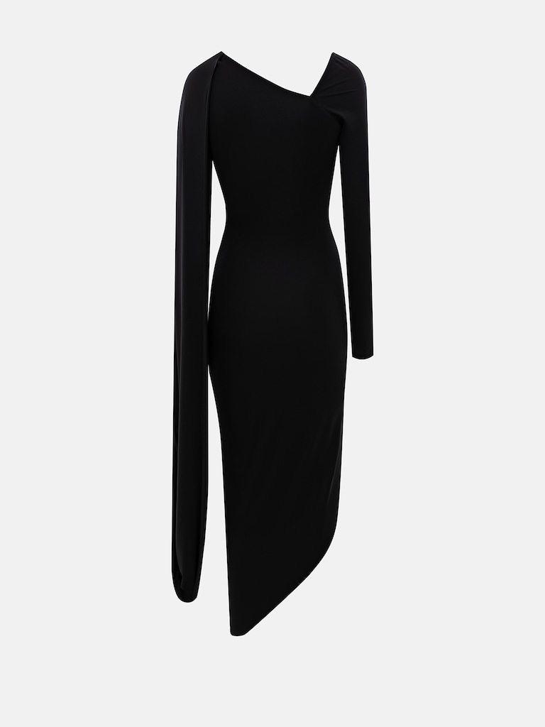 Платье миди со шлейфом на одно плечо и браслетом из кристаллов