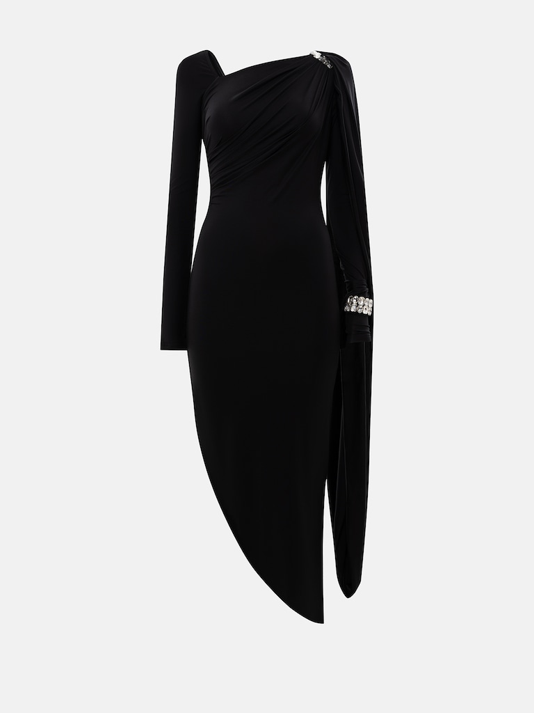 Платье миди со шлейфом на одно плечо и браслетом из кристаллов
