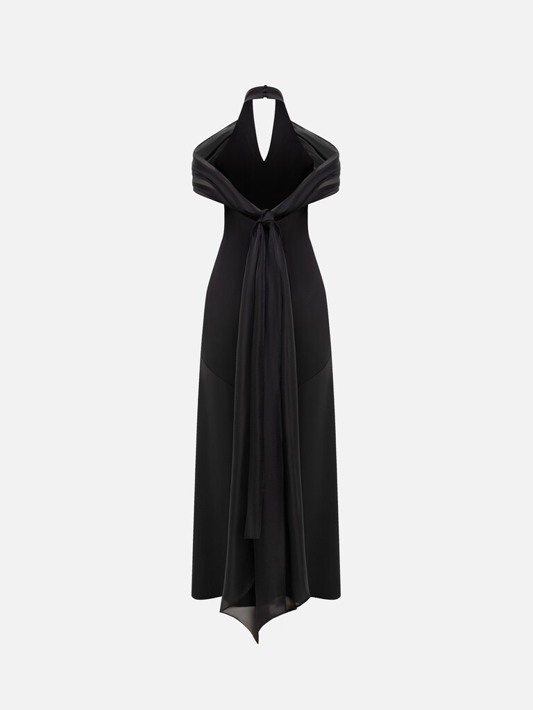 Maxi dress with open shoulders and long ribbons on the bodice