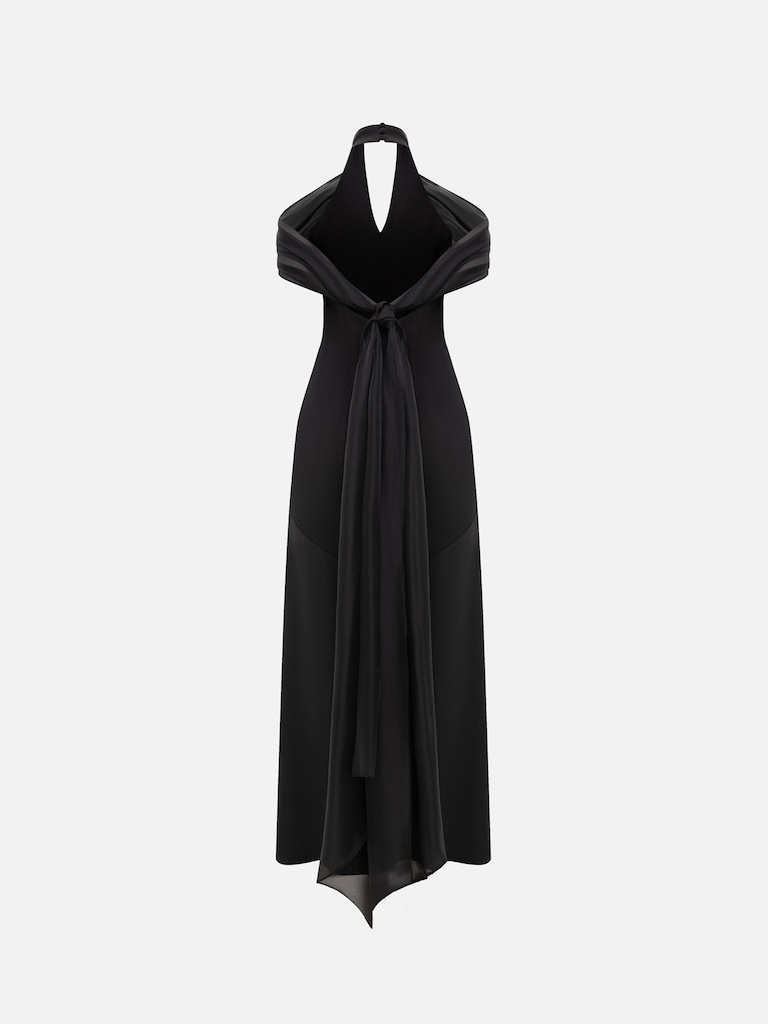 Maxi dress with open shoulders and long ribbons on the bodice