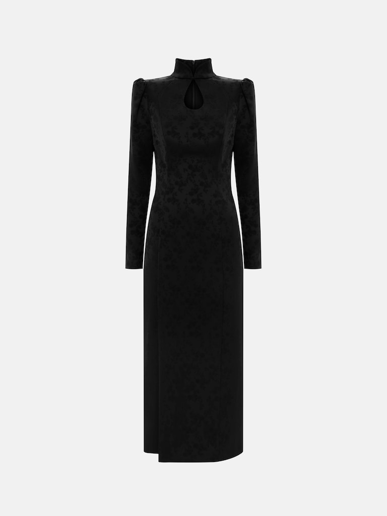 فستان متوسط الطول من الجاكار بفتحة رقبة على شكل دمعة