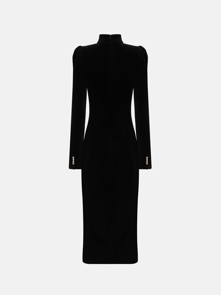 Velvet midi dress with asymmetrical fastening