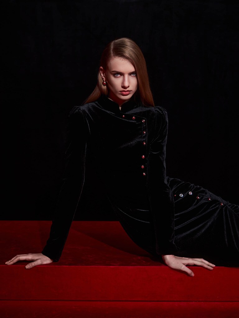 Velvet midi dress with asymmetrical fastening