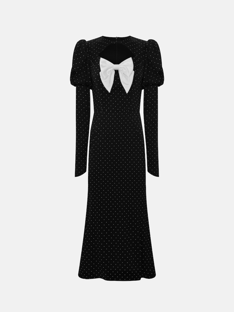 Polka dot midi dress with bow on the bodice