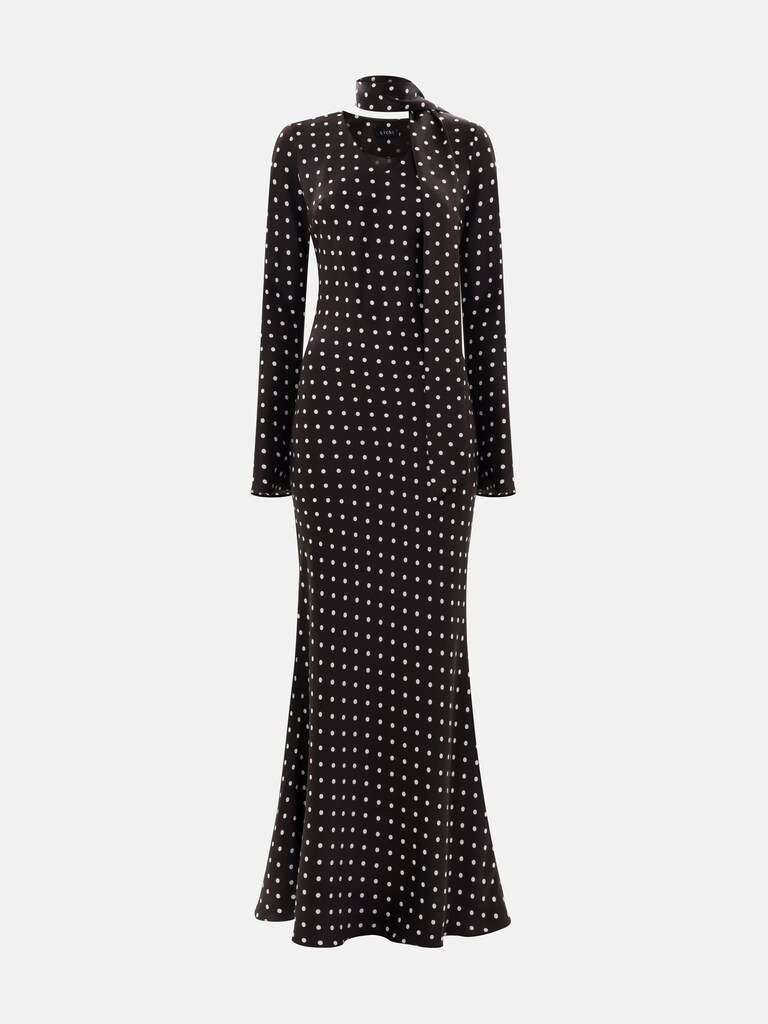 Maxi dress with polka dots and matching ribbon scarf