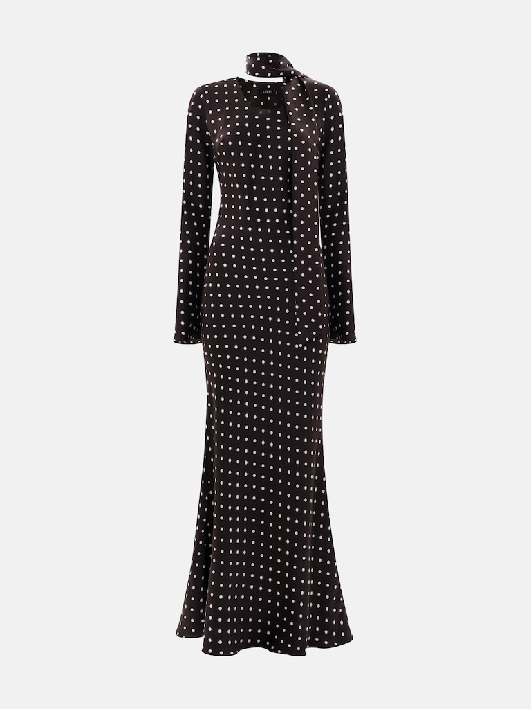 Платье макси в горошек с шарфом-лентой в тон