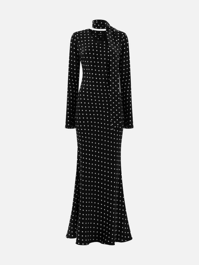 Платье макси в горошек с шарфом-лентой в тон