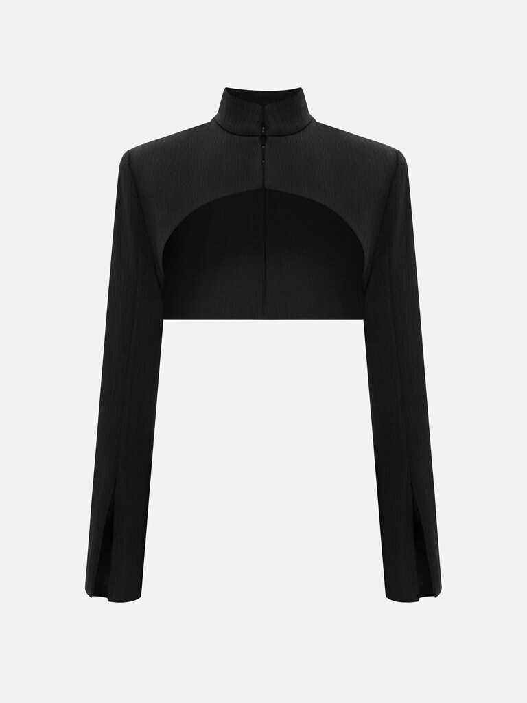 Bolero with stand-up collar and accentuated shoulders