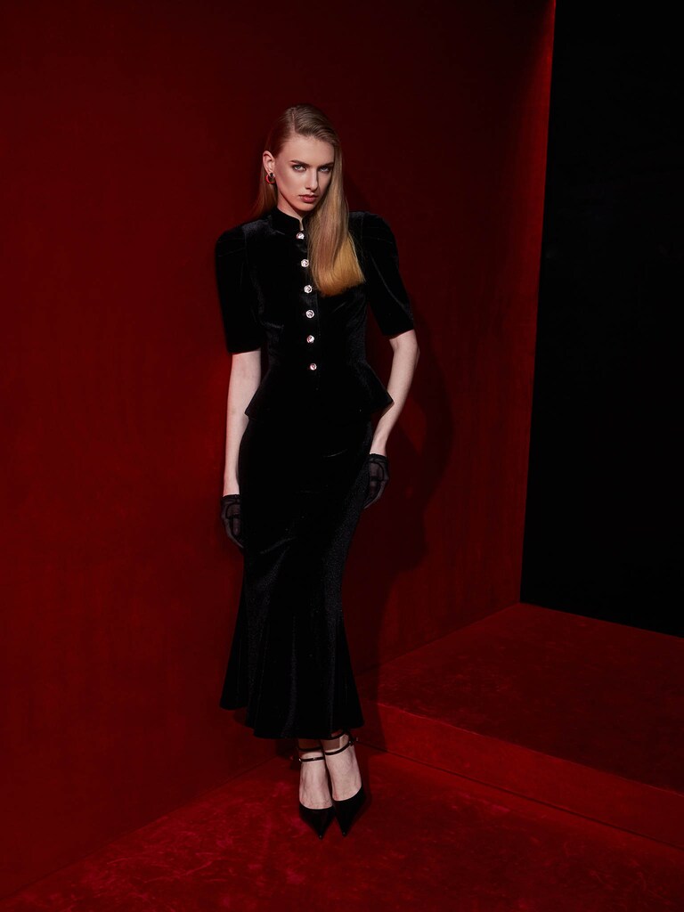 Einreihige Jacke aus Samt mit kurzen Ärmeln