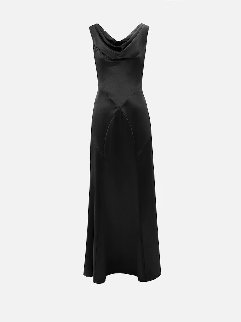 Fitted satin maxi dress with drapery on the bodice and back