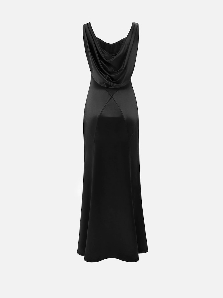 Fitted satin maxi dress with drapery on the bodice and back