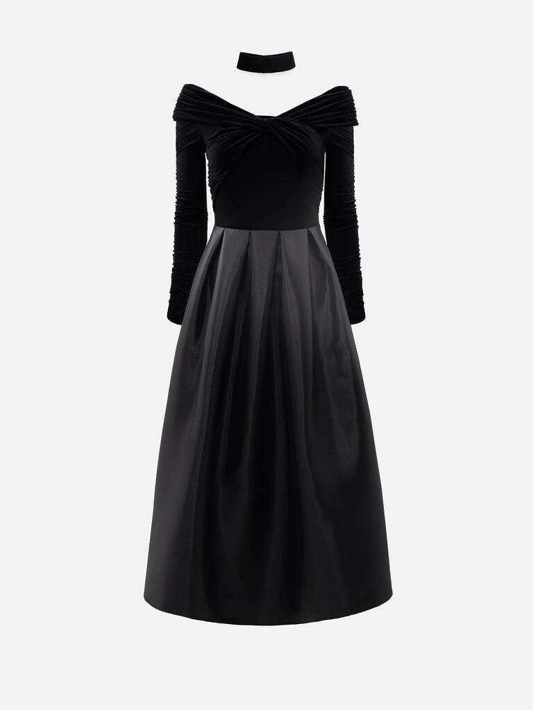 Midi dress with velvet bodice and puffy skirt