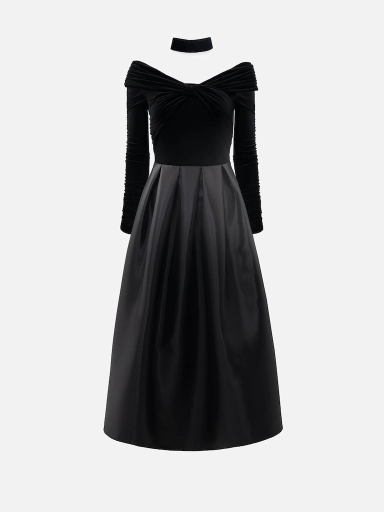 Midi dress with velvet bodice and puffy skirt