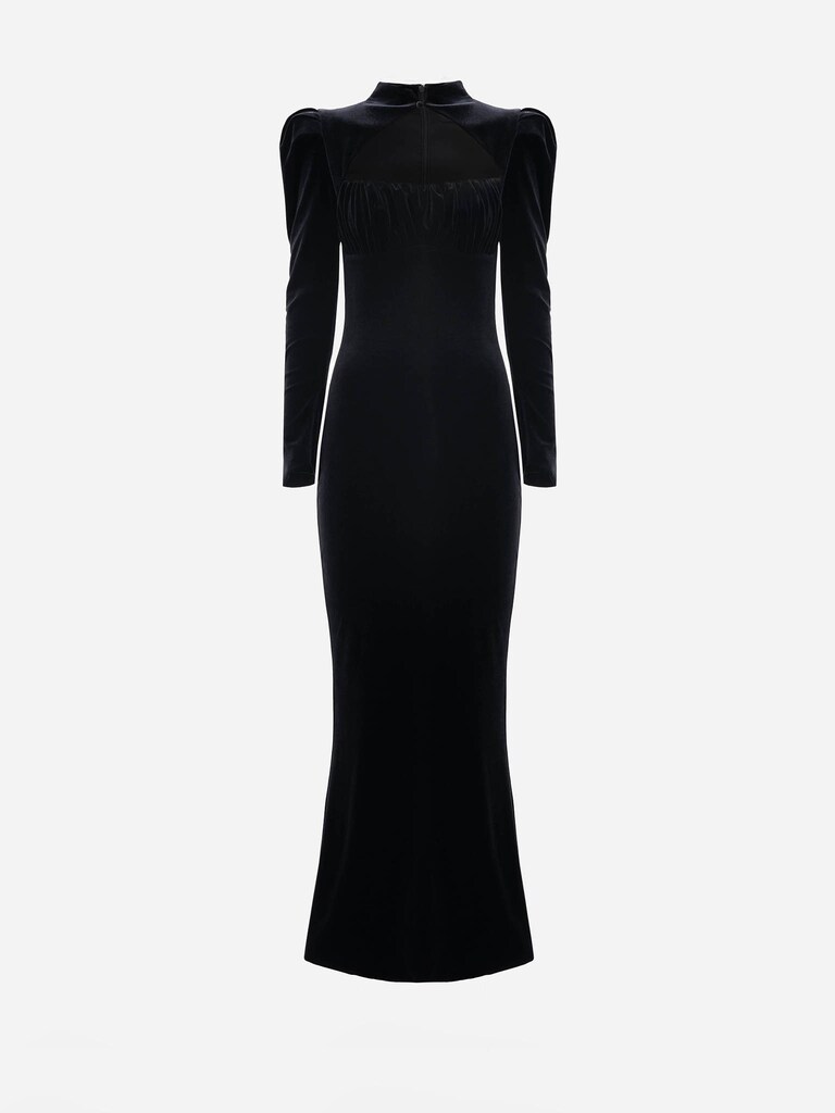 فستان ماكسي مخملي مع دانتيل على الصدر