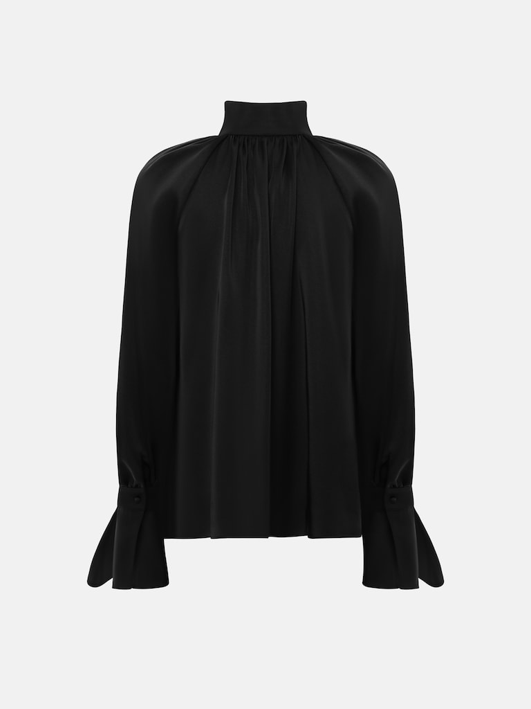 Voluminous satin blouse with ties at the collar