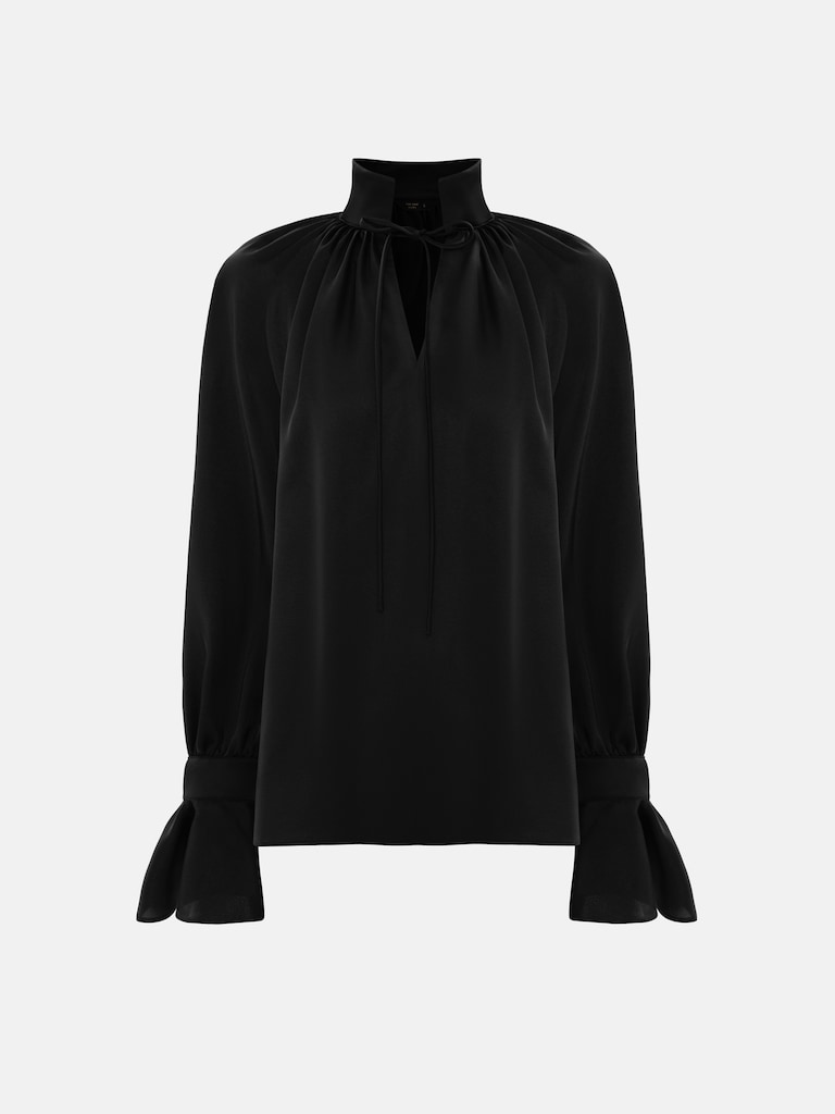 Voluminous satin blouse with ties at the collar