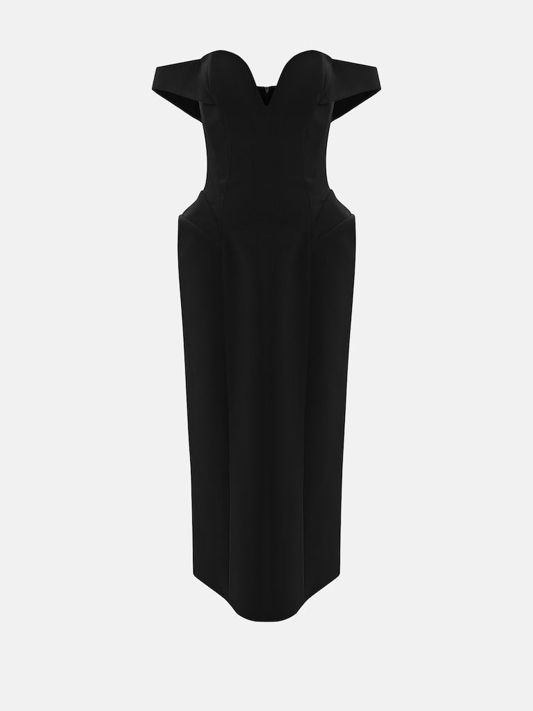 Sophisticated midi dress with open shoulders and voluminous skirt