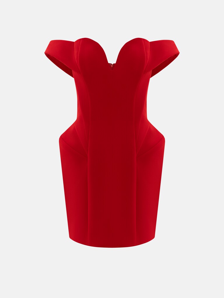 Sophisticated mini dress with open shoulders and voluminous skirt