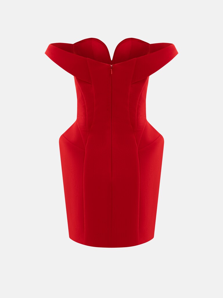 Sophisticated mini dress with open shoulders and voluminous skirt