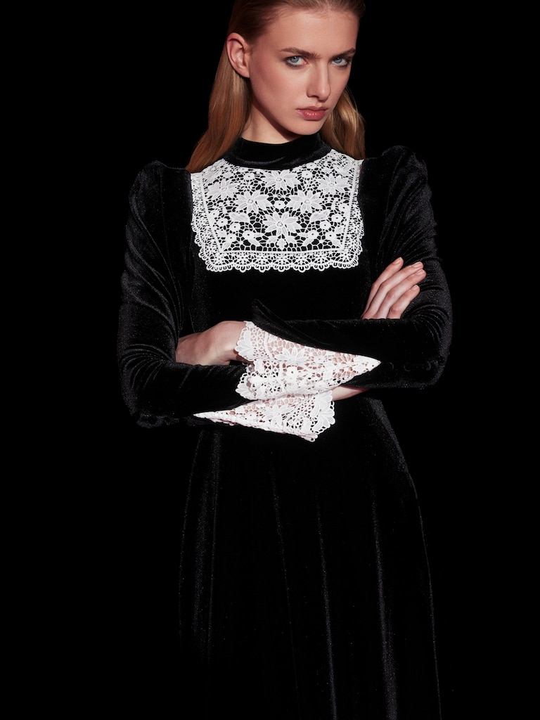 Velvet midi dress with contrasting openwork inserts