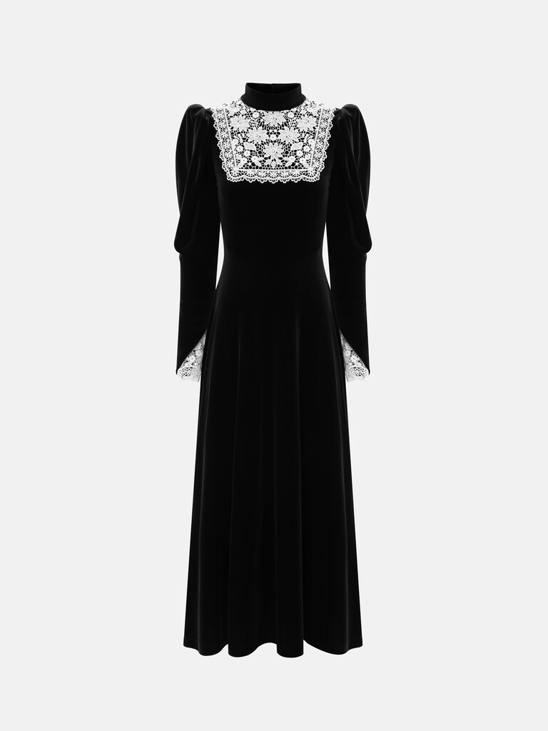 Velvet midi dress with contrasting openwork inserts