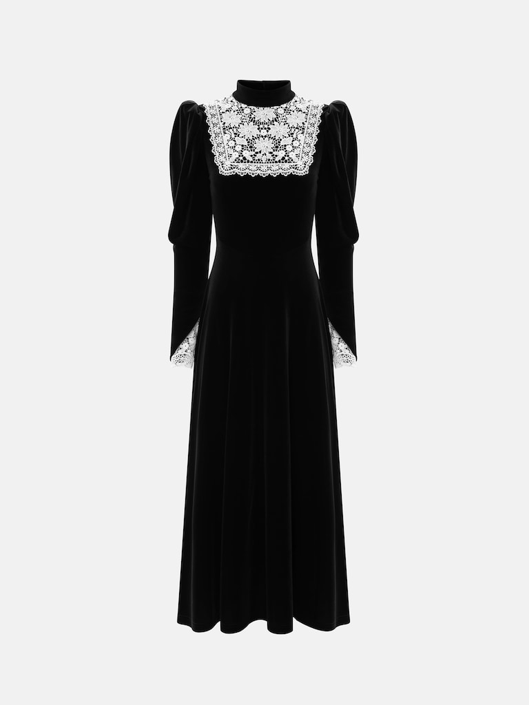 Velvet midi dress with contrasting openwork inserts