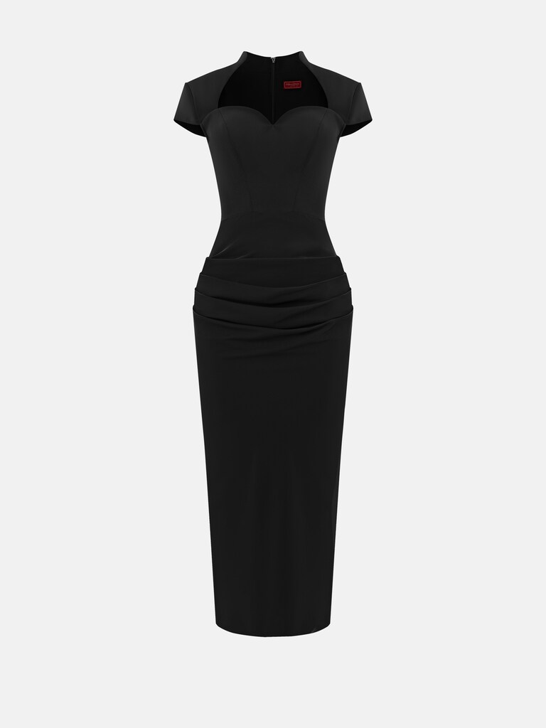 Приталенное платье миди с фигурным вырезом и драпировкой на бедрах