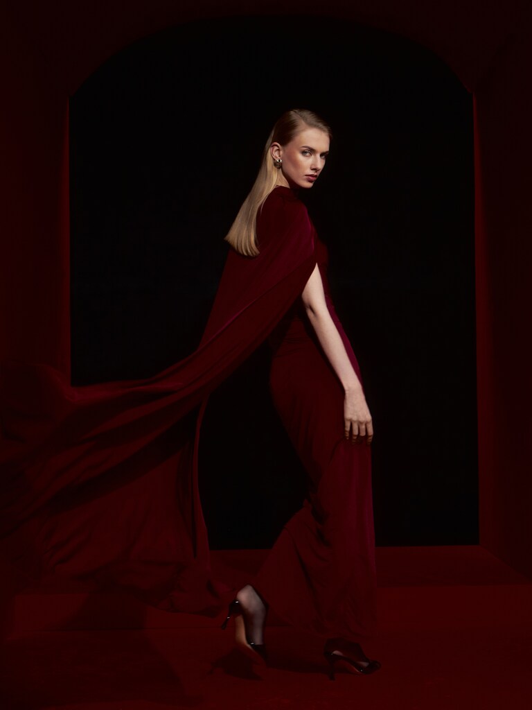 Jersey maxi dress with one-shoulder cape