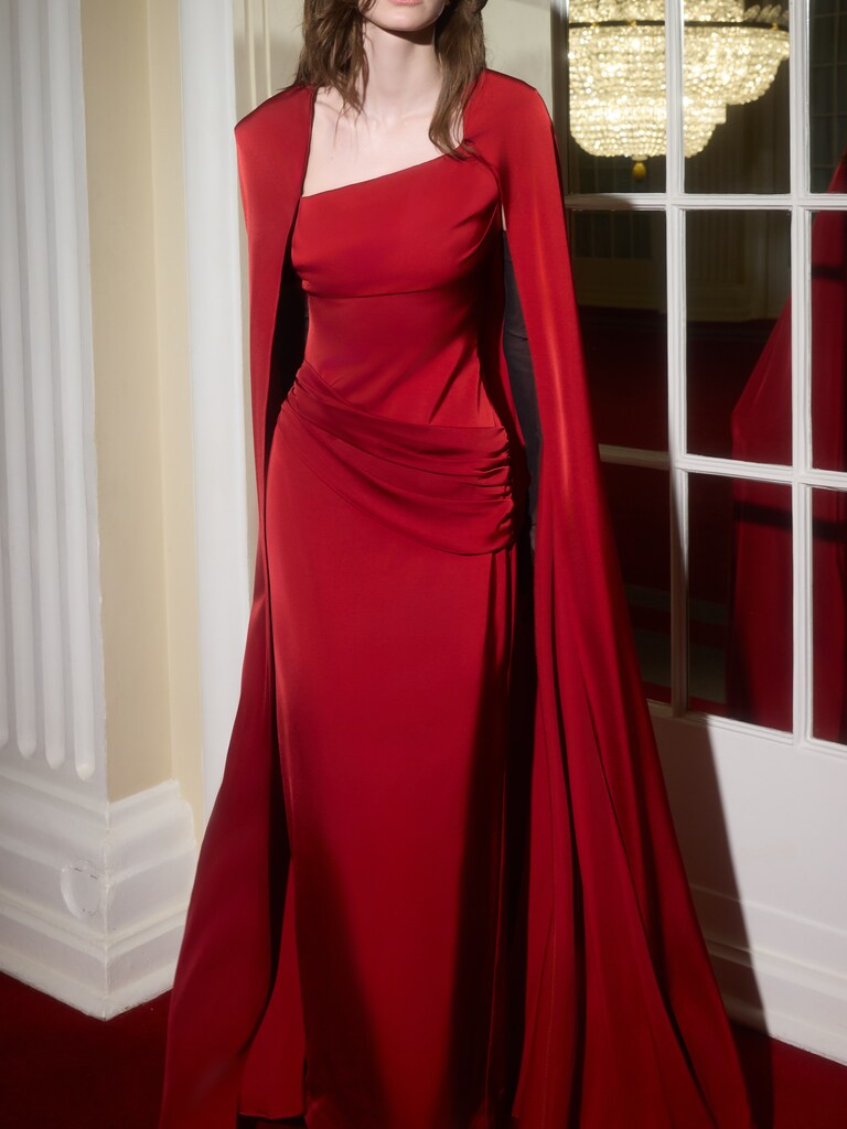 Satin maxi dress with long cape