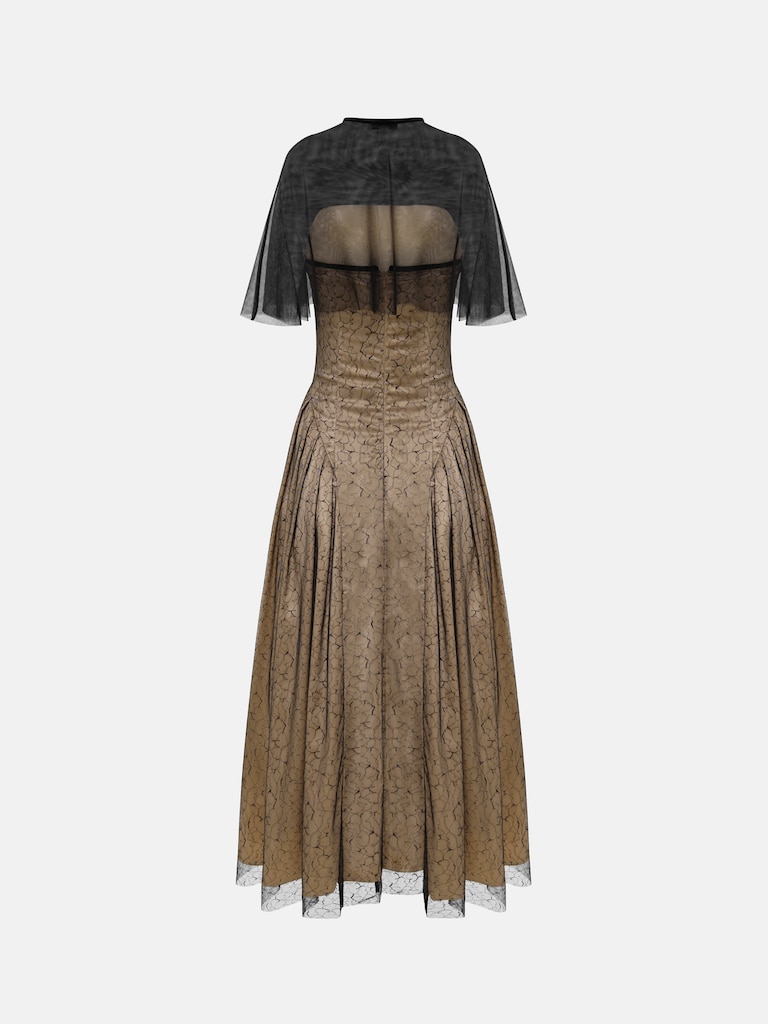 Платье миди из сияющей ткани с полупрозрачным кейпом