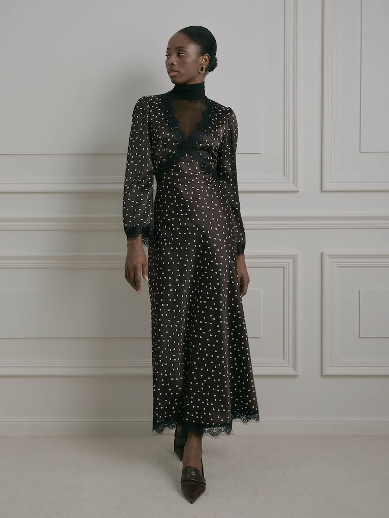 Polka dot midi dress with lace trim