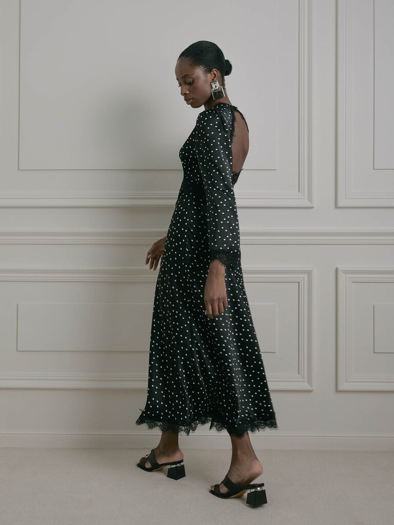 Polka dot midi dress with lace trim