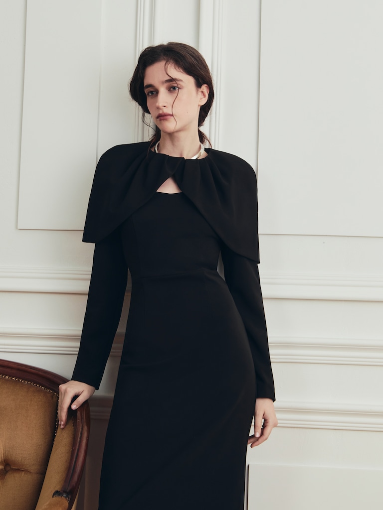 Midi suiting fabric dress with matching cape